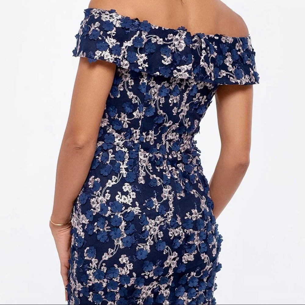 Xscape Navy Blue Off-the-Shoulder Floral Appliqué Midi - Picture 3 of 4